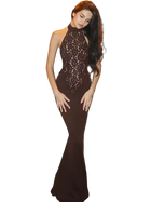 Woman wearing a black lace evening gown on a white background