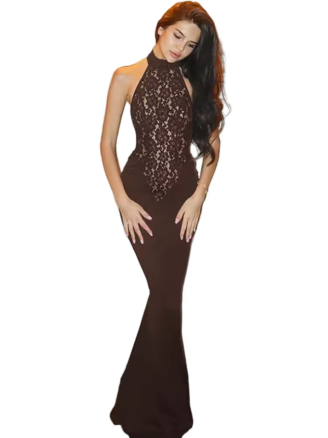Woman wearing a black lace evening gown on a white background