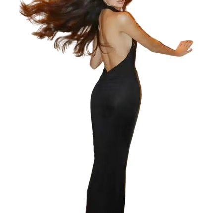 Woman in a black dress with flowing hair on a transparent background