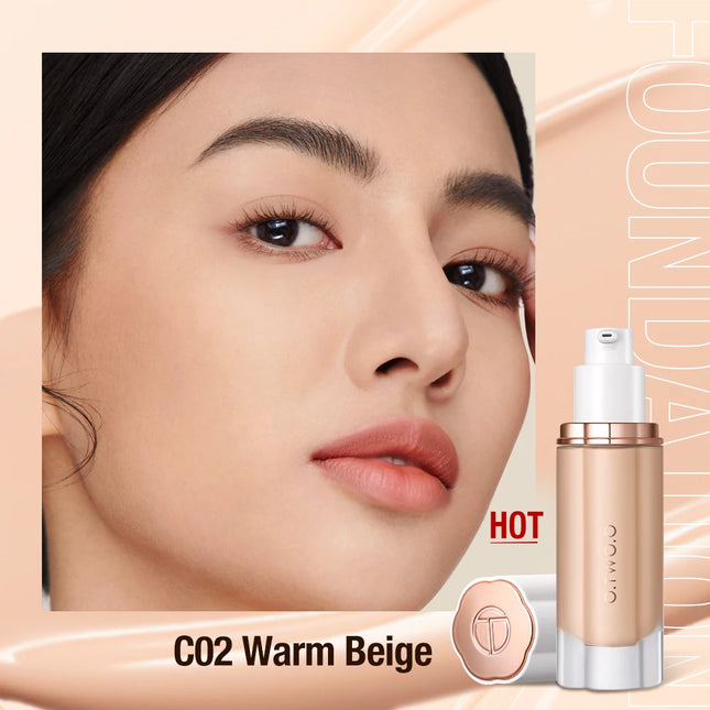 Cosmetic product with 'C02 Warm Beige' label and a close-up of a woman's face.