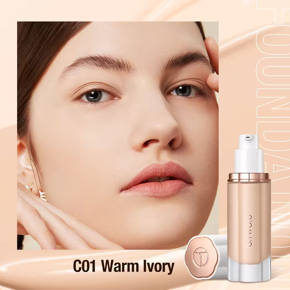 Cosmetic product with 'C01 Warm Ivory' label and close-up of a woman's face.