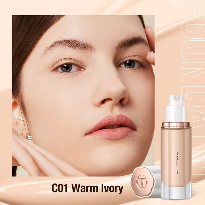 Cosmetic product with 'C01 Warm Ivory' label and close-up of a woman's face.