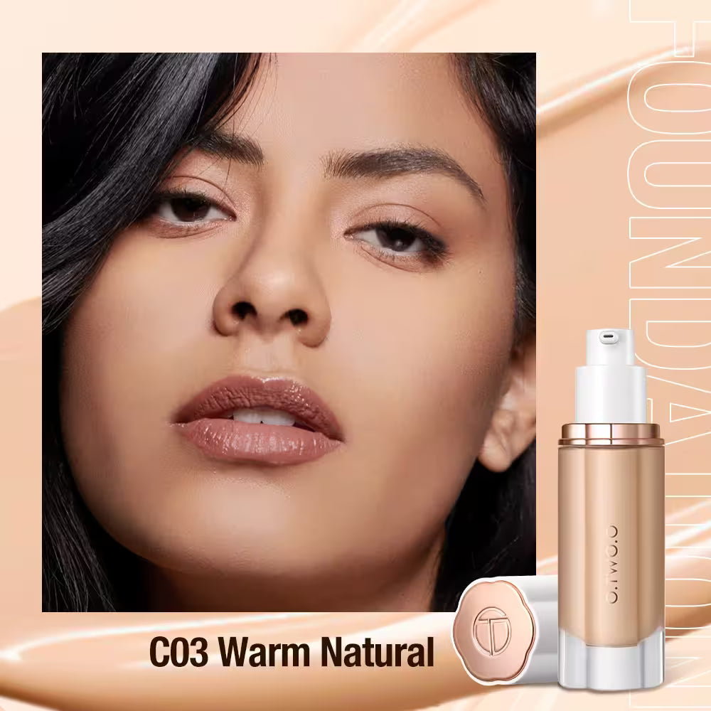 Foundation bottle with a close-up of a woman's face, showing the shade C03 Warm Natural.