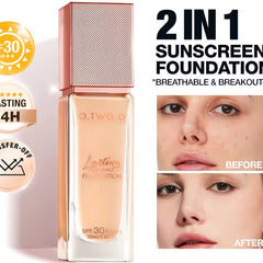 2-in-1 sunscreen and foundation bottle with SPF 30, lasting 24 hours, and transfer-off properties on a white background.