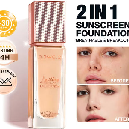 2-in-1 sunscreen and foundation bottle with SPF 30, lasting 24 hours, and transfer-off properties on a white background.