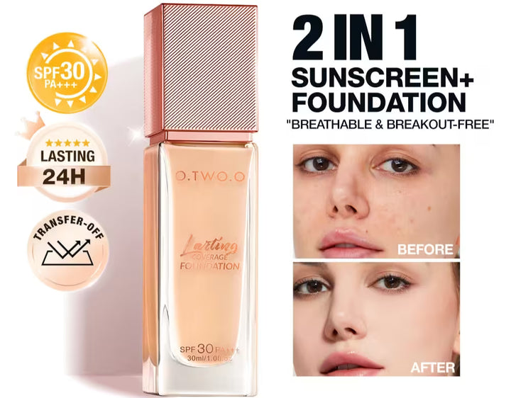 2-in-1 sunscreen and foundation bottle with SPF 30, lasting 24 hours, and transfer-off properties on a white background.