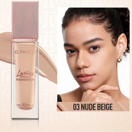 O.TWO.O foundation bottle with a woman's face showing the application of the foundation.