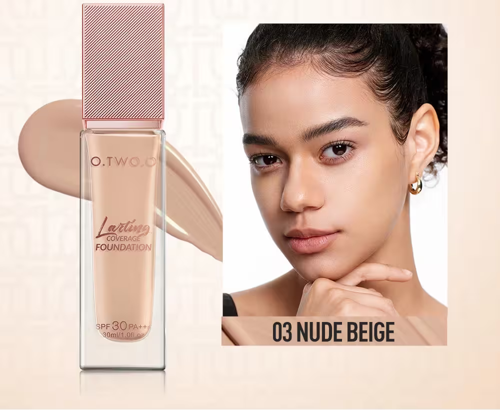 O.TWO.O foundation bottle with a woman's face showing the application of the foundation.