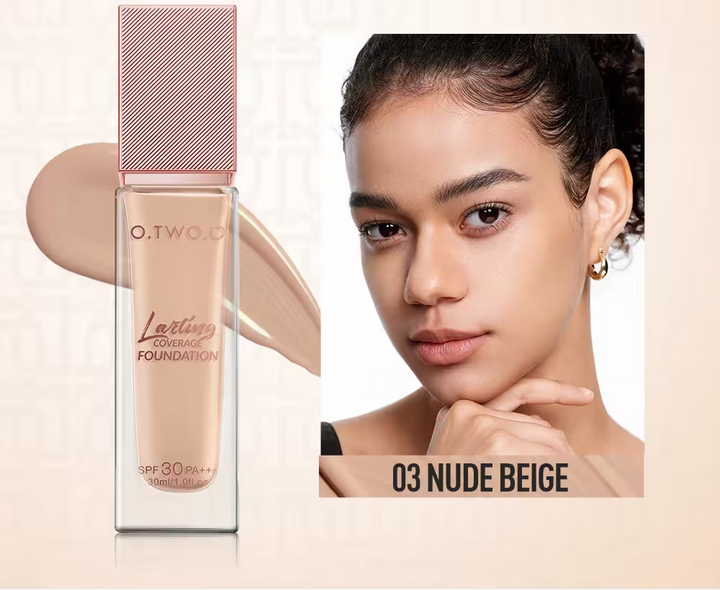 O.TWO.O foundation bottle with a woman's face showing the application of the foundation.