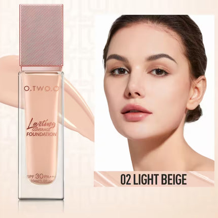 O.TWO.O foundation bottle with a model wearing light beige makeup