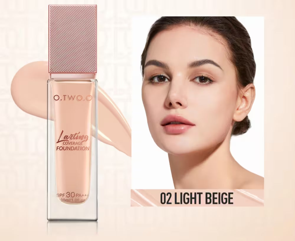 O.TWO.O foundation bottle with a model wearing light beige makeup