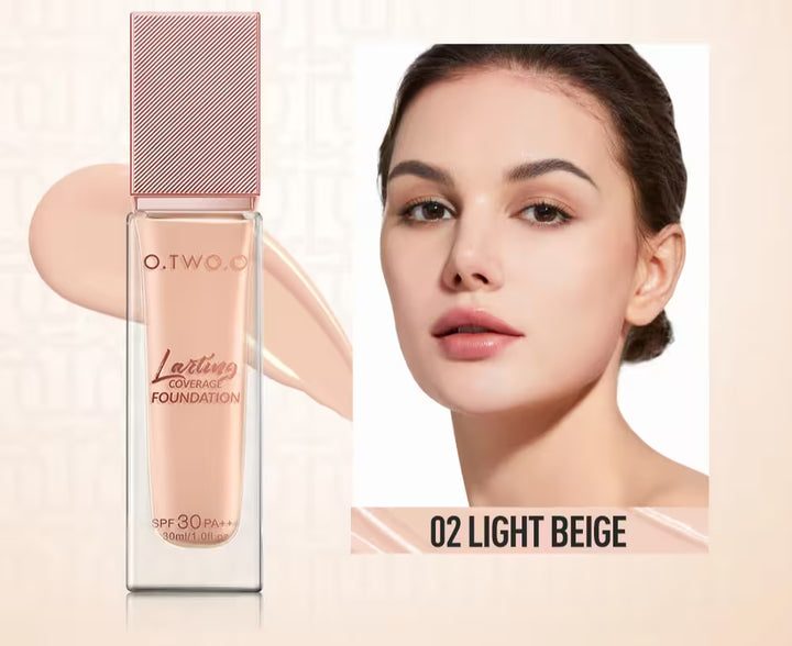 O.TWO.O foundation bottle with a model wearing light beige makeup