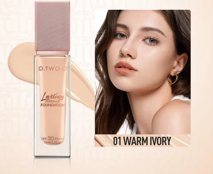 O.TWO.O foundation bottle with a woman's face and '01 Warm Ivory' text on a beige background