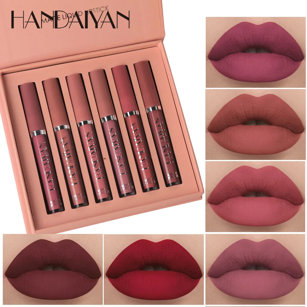 Makeup liquid lipstick set with applicators and color swatches on a beige background, featuring the brand 'HANDBAIYAN'.