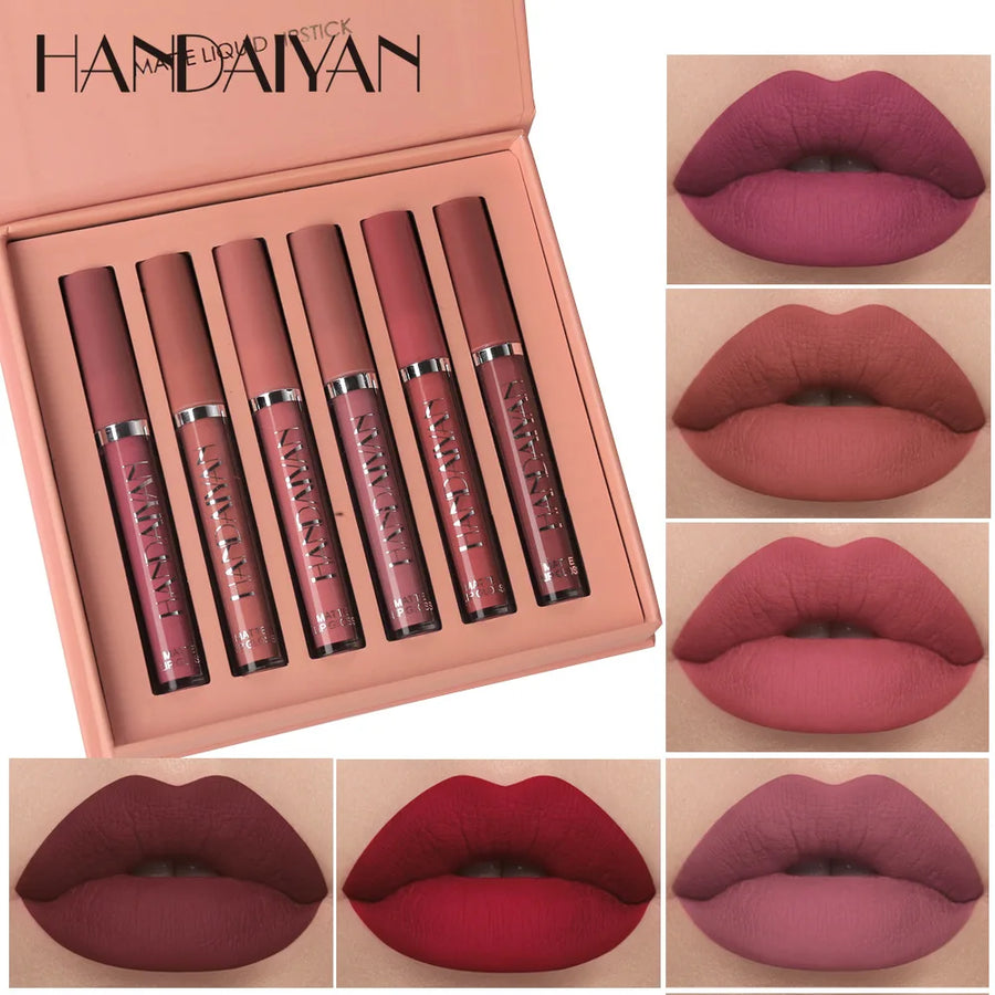 Makeup liquid lipstick set with applicators and color swatches on a beige background, featuring the brand 'HANDBAIYAN'.