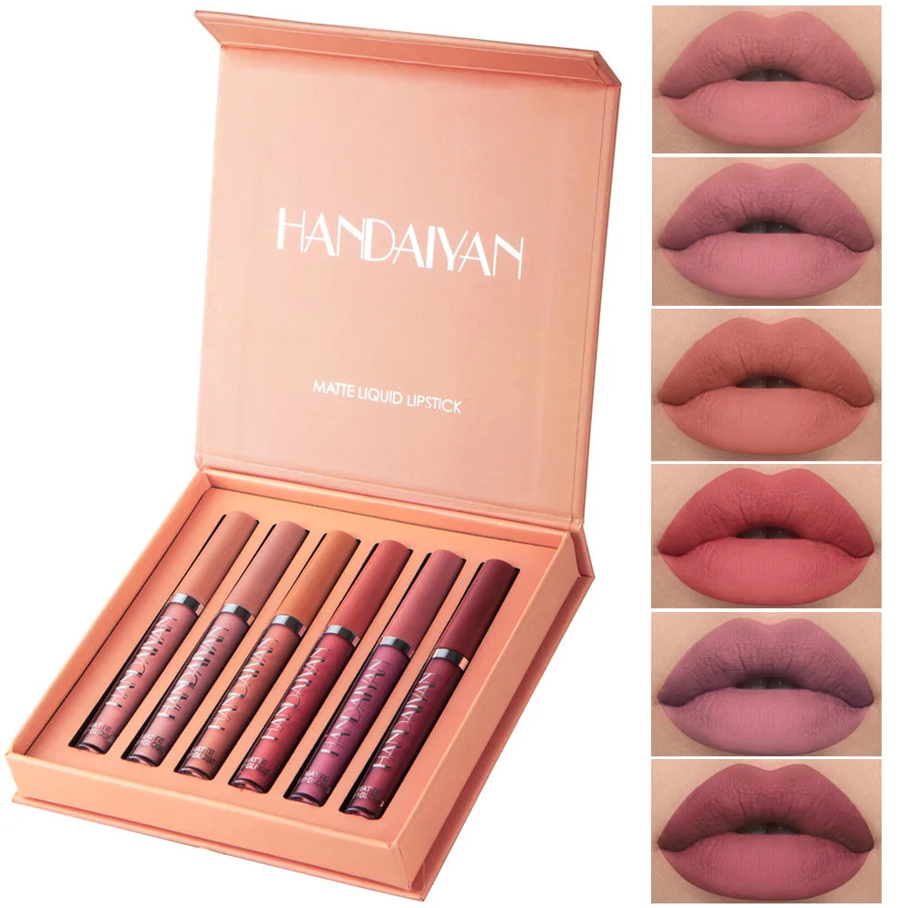 Set of lipsticks in an open box with 'HANDAIYAN' branding, accompanied by lipstick swatches.