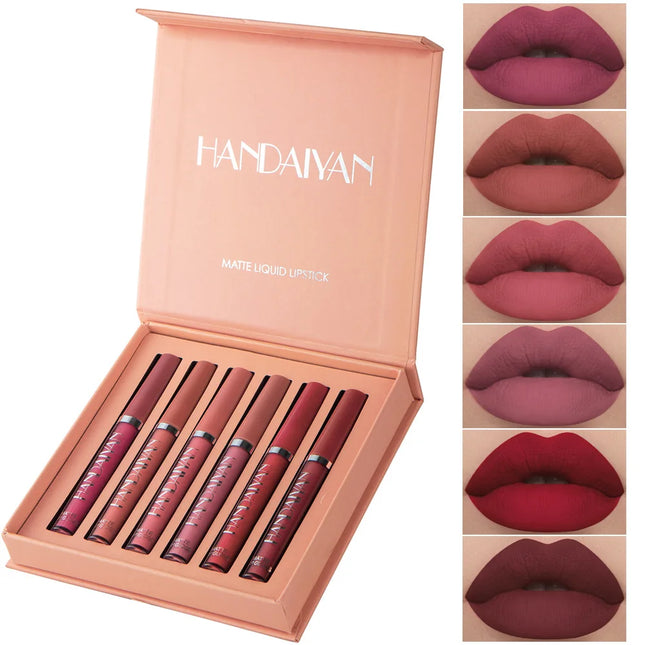 Set of HANDAIYAN lipsticks in a box with color swatches on the side.