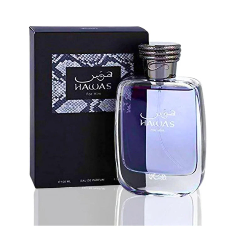 Perfume bottle and packaging with 'Hawas' branding on a white background