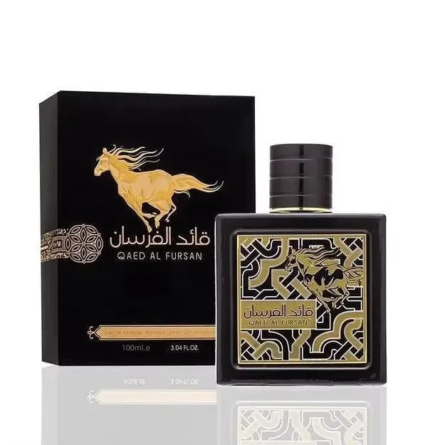 Perfume bottle and packaging of 'Qaed Al Fursan' with a horse design on a white background