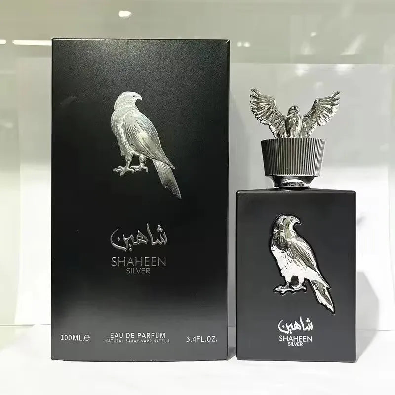Black Shaheen Silver Eau de Parfum bottle and packaging with silver eagle design on a white background.