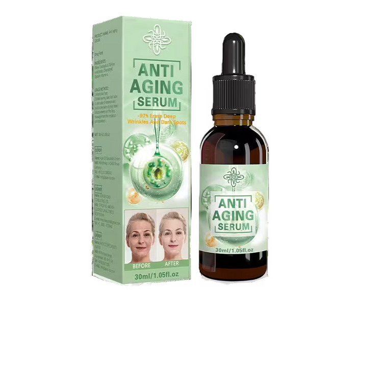 Anti-aging serum bottle and packaging on a white background