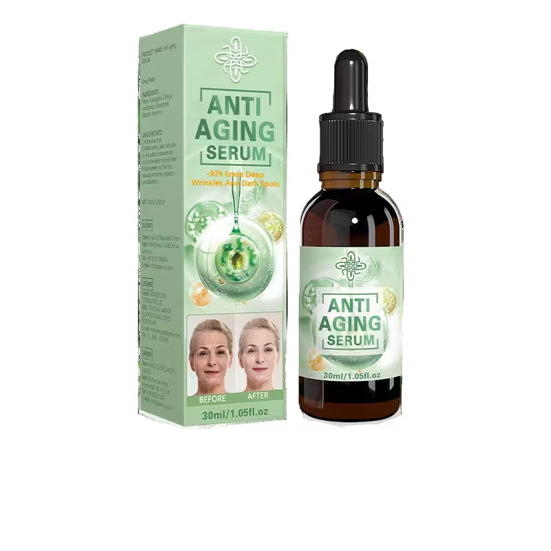 Anti-aging serum bottle and packaging on a white background