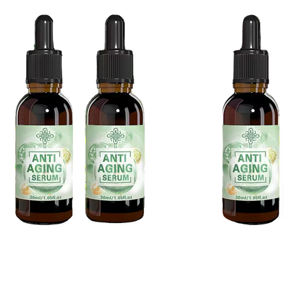 Three bottles of anti-aging serum with droppers on a transparent background