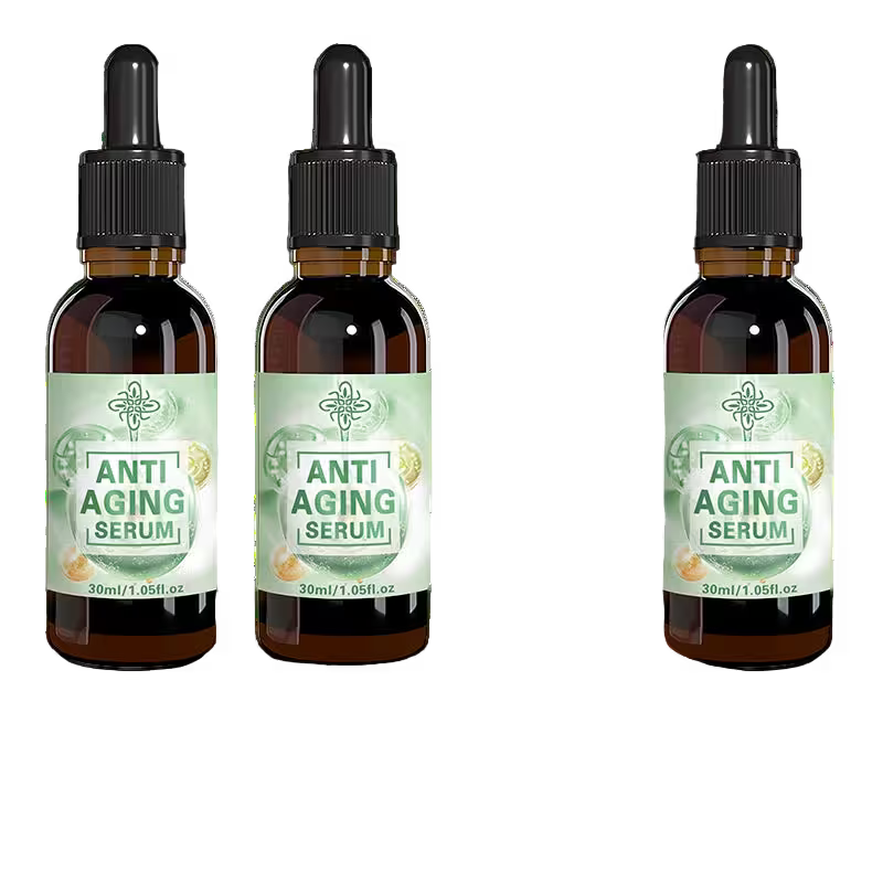 Three bottles of anti-aging serum with droppers on a transparent background
