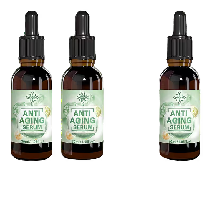 Three bottles of anti-aging serum with droppers on a transparent background