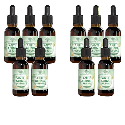 Multiple bottles of anti-aging serum with droppers on a white background