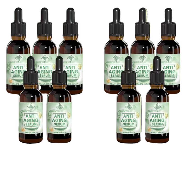 Multiple bottles of anti-aging serum with droppers on a white background