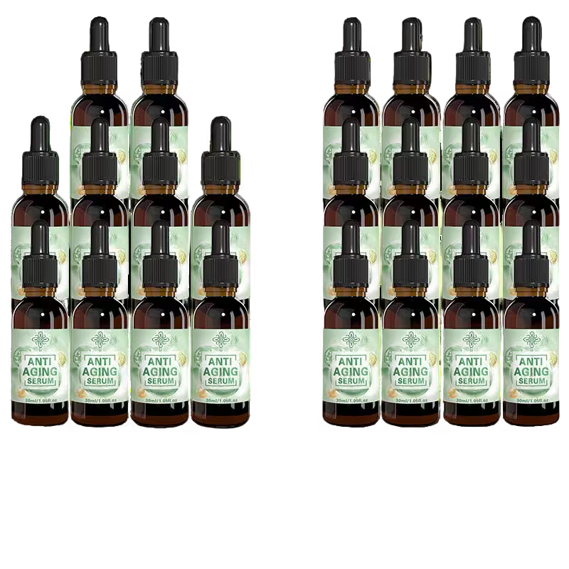 Two sets of anti-aging serum bottles with droppers on a white background