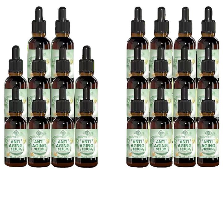 Two sets of anti-aging serum bottles with droppers on a white background