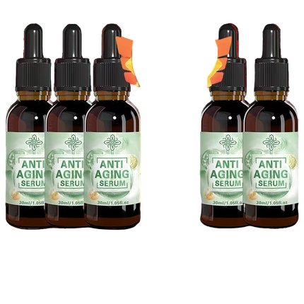 Three bottles of anti-aging serum with droppers on a white background