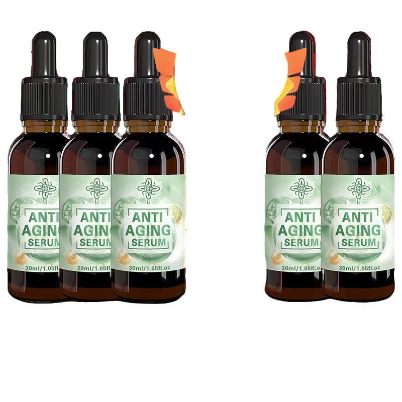 Three bottles of anti-aging serum with droppers on a white background