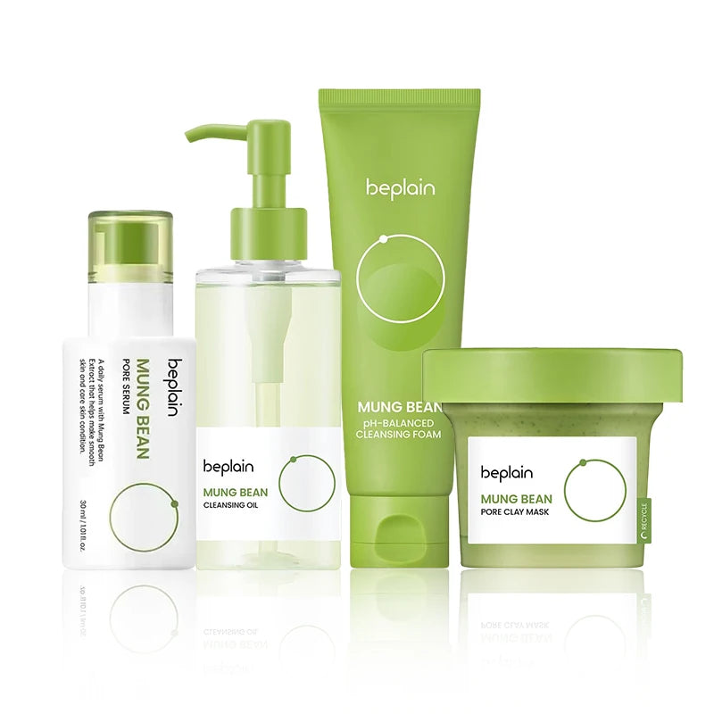 Set of beplain skincare products including serum, oil, foam, and mask on a white background