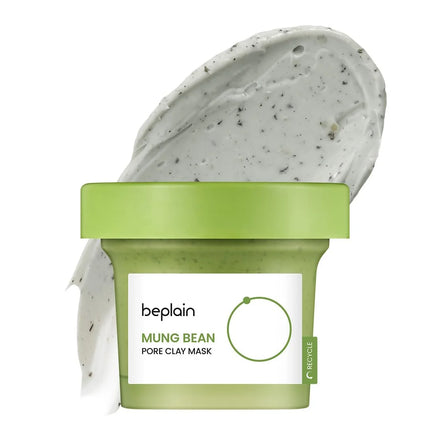 Mung bean pore clay mask in a green container with 'beplain' branding on a white background