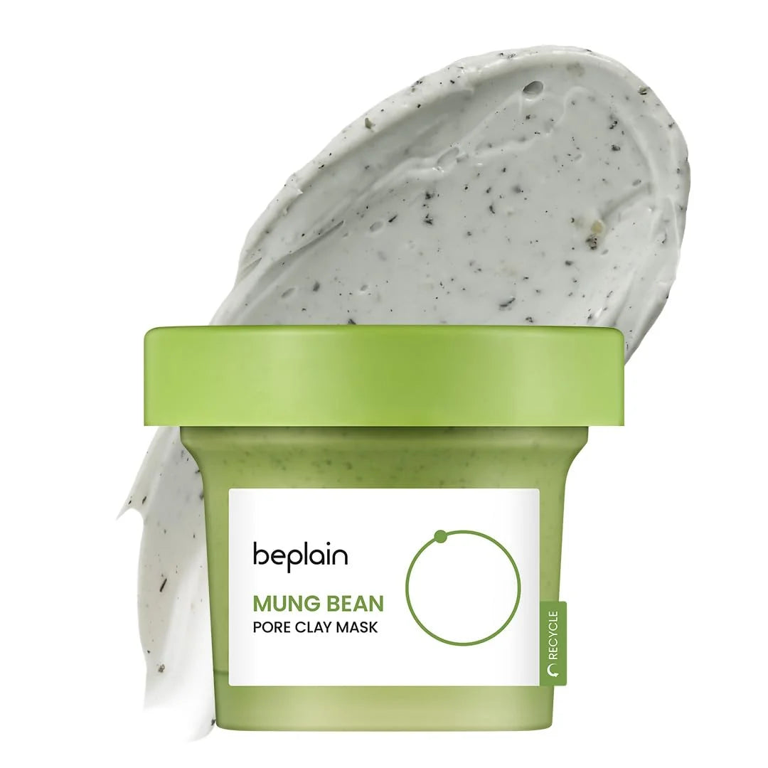 Mung bean pore clay mask in a green container with 'beplain' branding on a white background