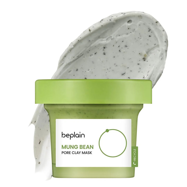 Mung bean pore clay mask in a green container with 'beplain' branding on a white background