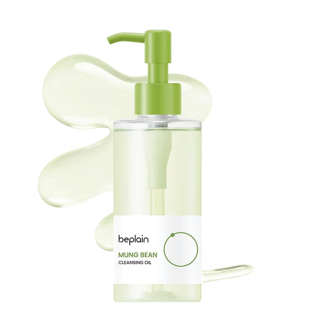 Clear bottle with green pump and 'beplain' branding on a white background