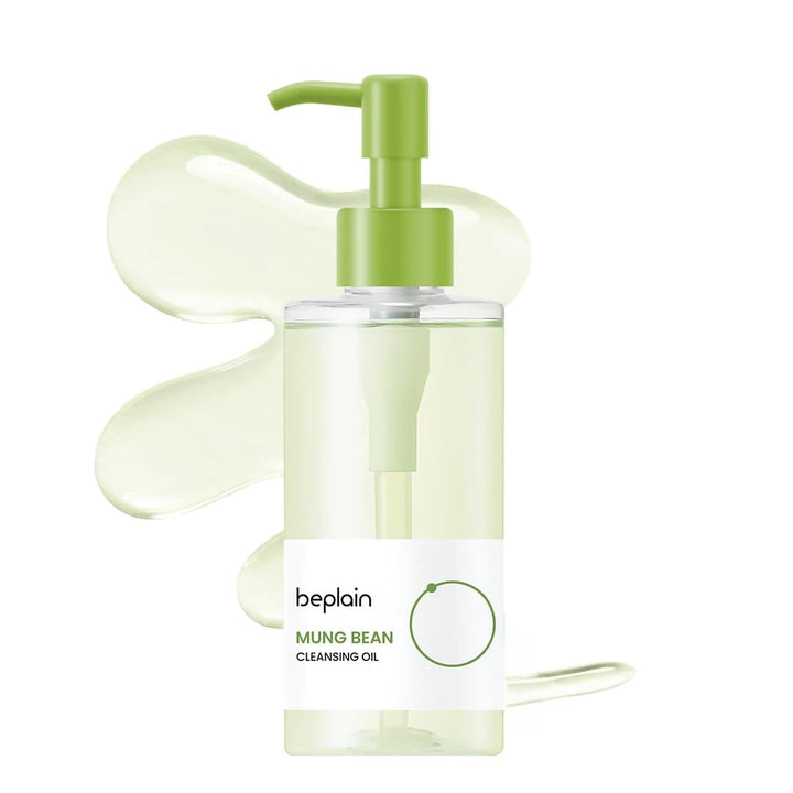 Clear bottle with green pump and 'beplain' branding on a white background