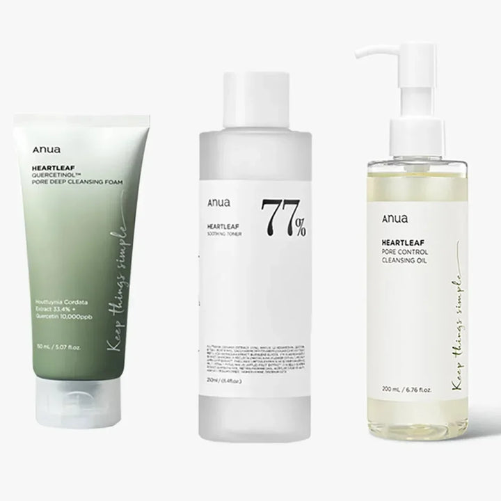 Three skincare products from the brand 'Anua' on a white background