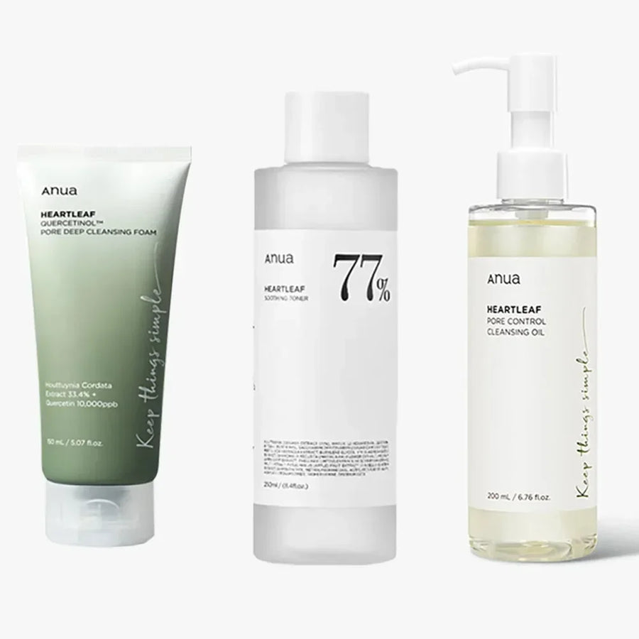 Three skincare products from the brand 'Anua' on a white background