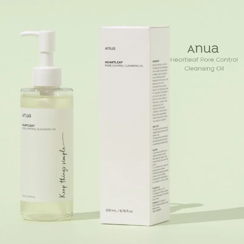 Anua Heartleaf Pore Control Cleansing Oil bottle and packaging on a light green background