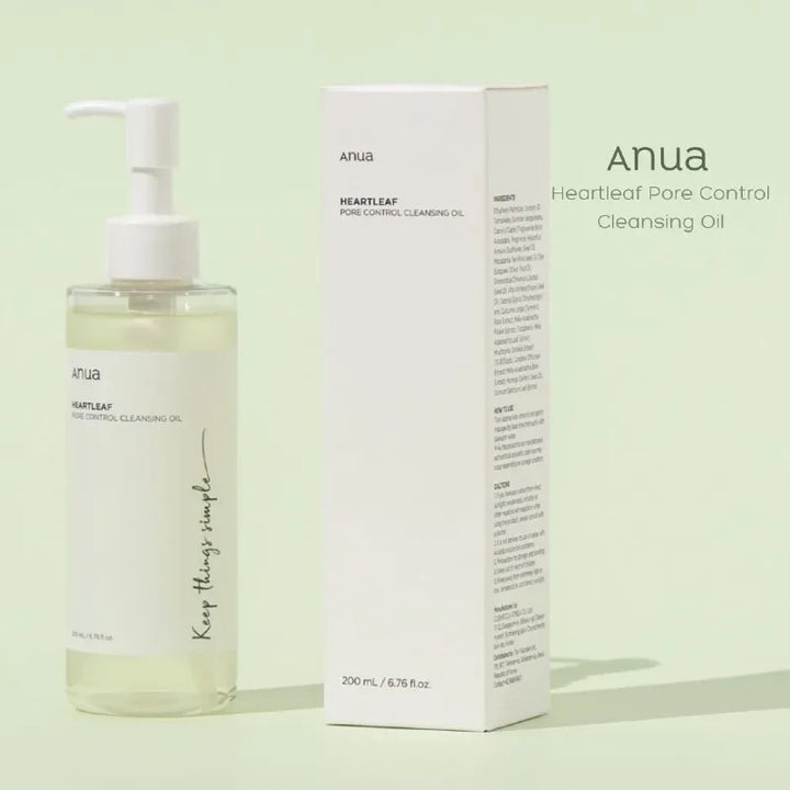 Anua Heartleaf Pore Control Cleansing Oil bottle and packaging on a light green background