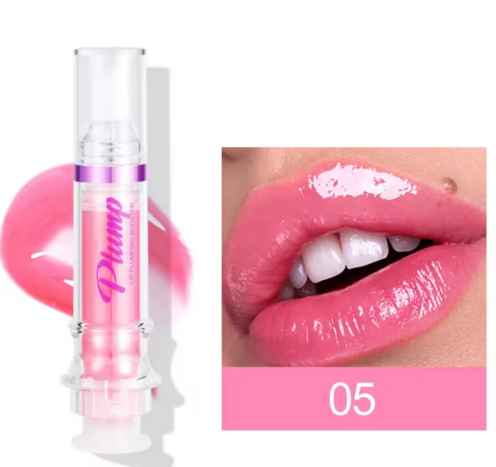 Pink lip gloss with a close-up of lips wearing the product, labeled '05'.