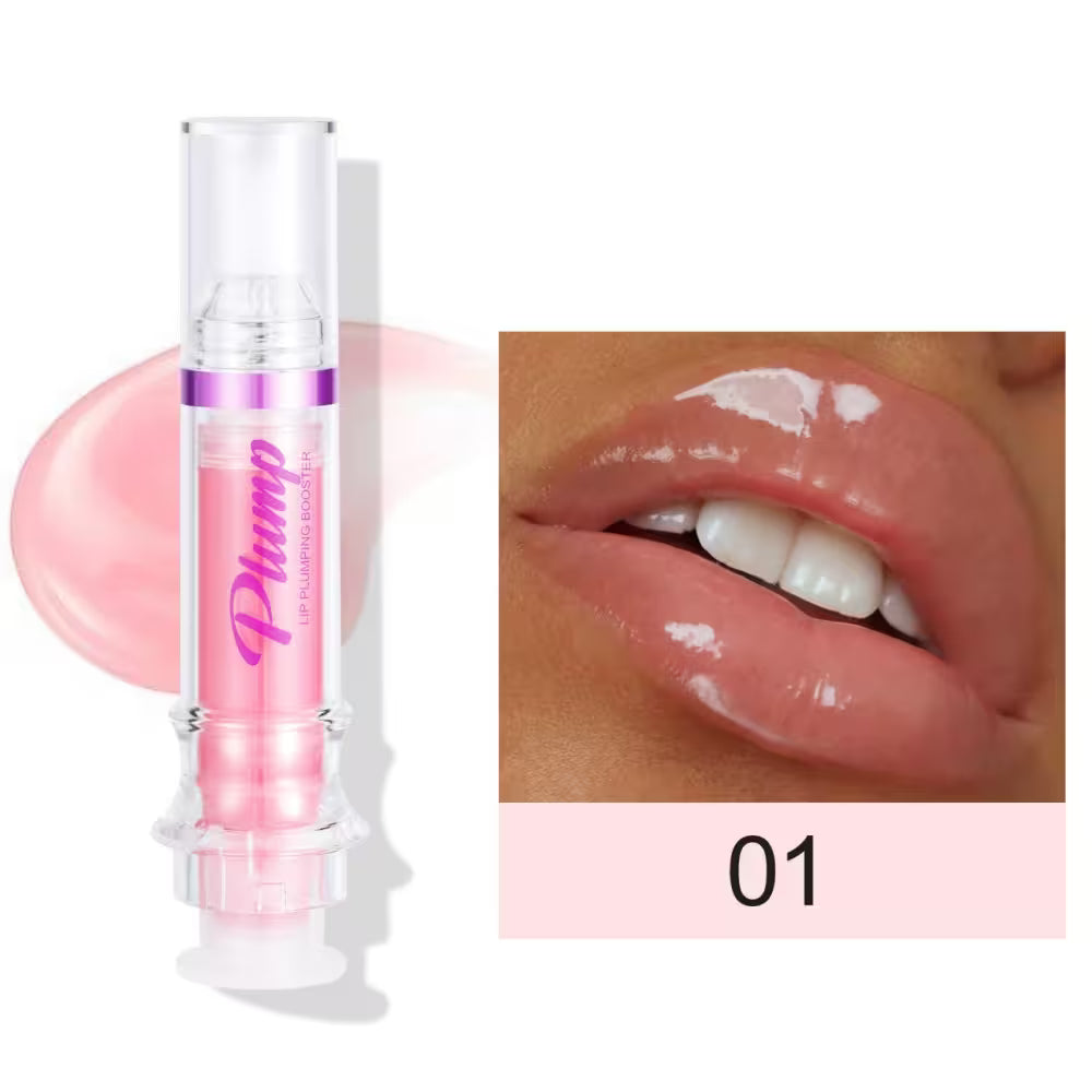 Pink lip balm with 'Plump' text on a white background