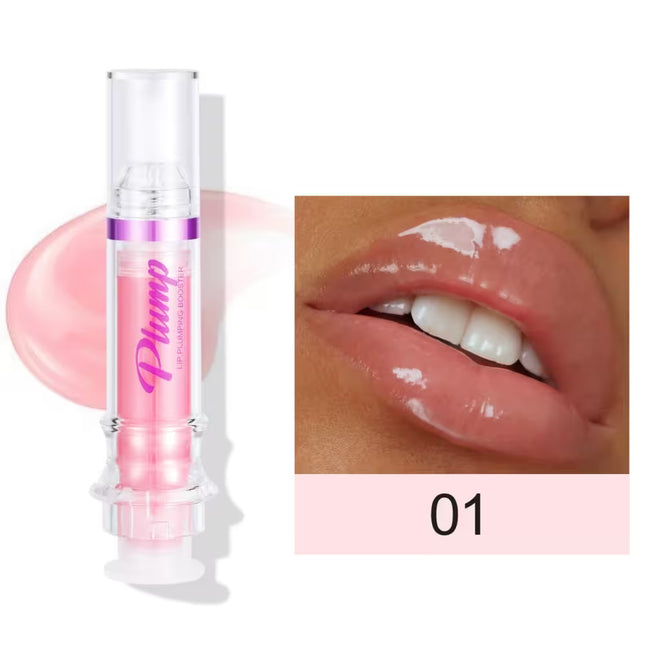 Pink lip balm with 'Plump' text on a white background