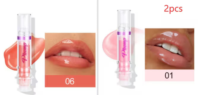 Lip gloss with application on lips and color swatches