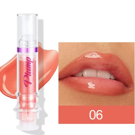 Lip gloss with applicator and close-up of lips wearing the product, showing color number 06.